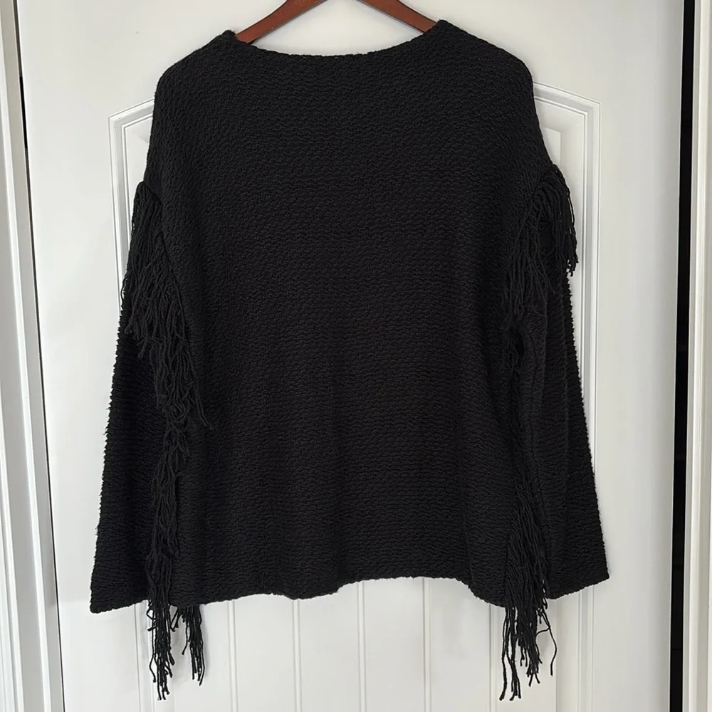 Ralph Lauren Black Chunky Knit Cotton Western Fringe Sweater Concert‎ Women M